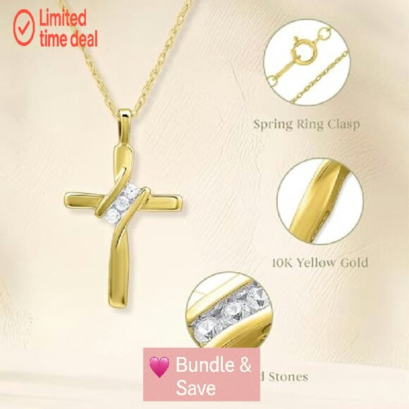 10K Yellow Gold Diamond Cross Pendant Necklace 18" Chain - Picture 3 of 8